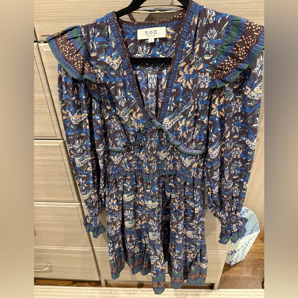 Sea Floral V-Neck Long Sleeve Dress with puffy sleeves